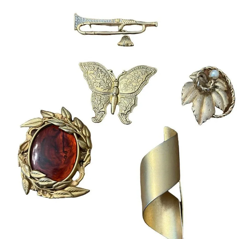 Lot Of 5 Vtg Gold Tone Brooches Trombone Maple Leaf Pearl Butterfly Amber Leaves